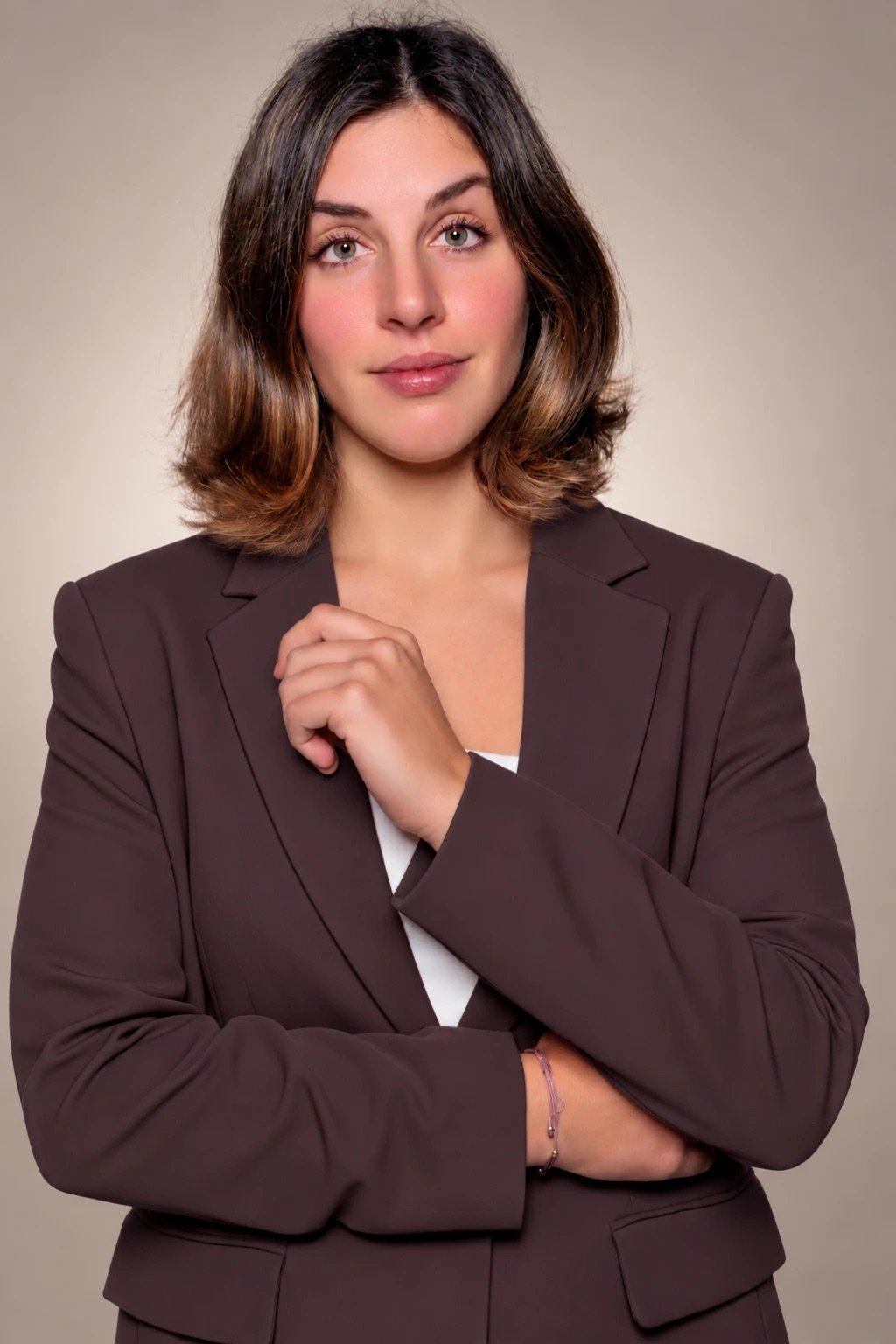 Retrato de Sofía Compte Sastre con americana marrón.